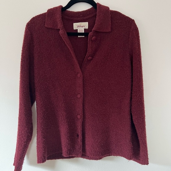 Worthington Women’s Burgundy Boucle Cardigan Polo Sweater - Medium Petite - Picture 1 of 6